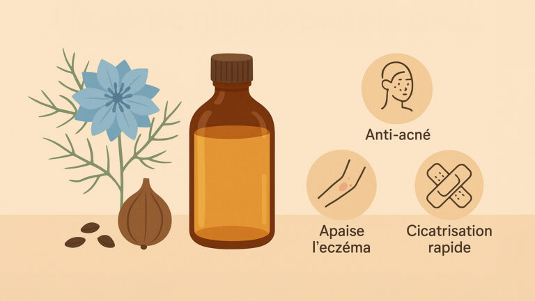 Illustration plate montrant une fleur de Nigella sativa, un flacon d’huile de nigelle et trois icônes symbolisant les bienfaits anti-acné, apaisant eczéma et cicatrisation rapide.